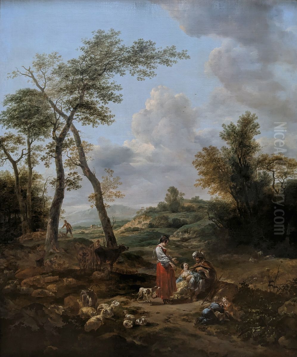 Landscape with figures (Elkana and his Wives Hannah and Pennina?) Oil Painting by Nicolaes Pieterszoon Berchem