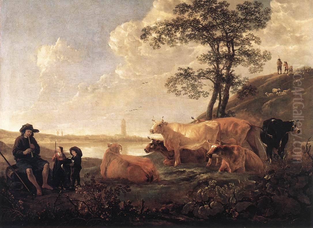 Paysage pres de Rhenen: vaches au paturage et berger jouant de la flute Oil Painting by Aelbert Cuyp