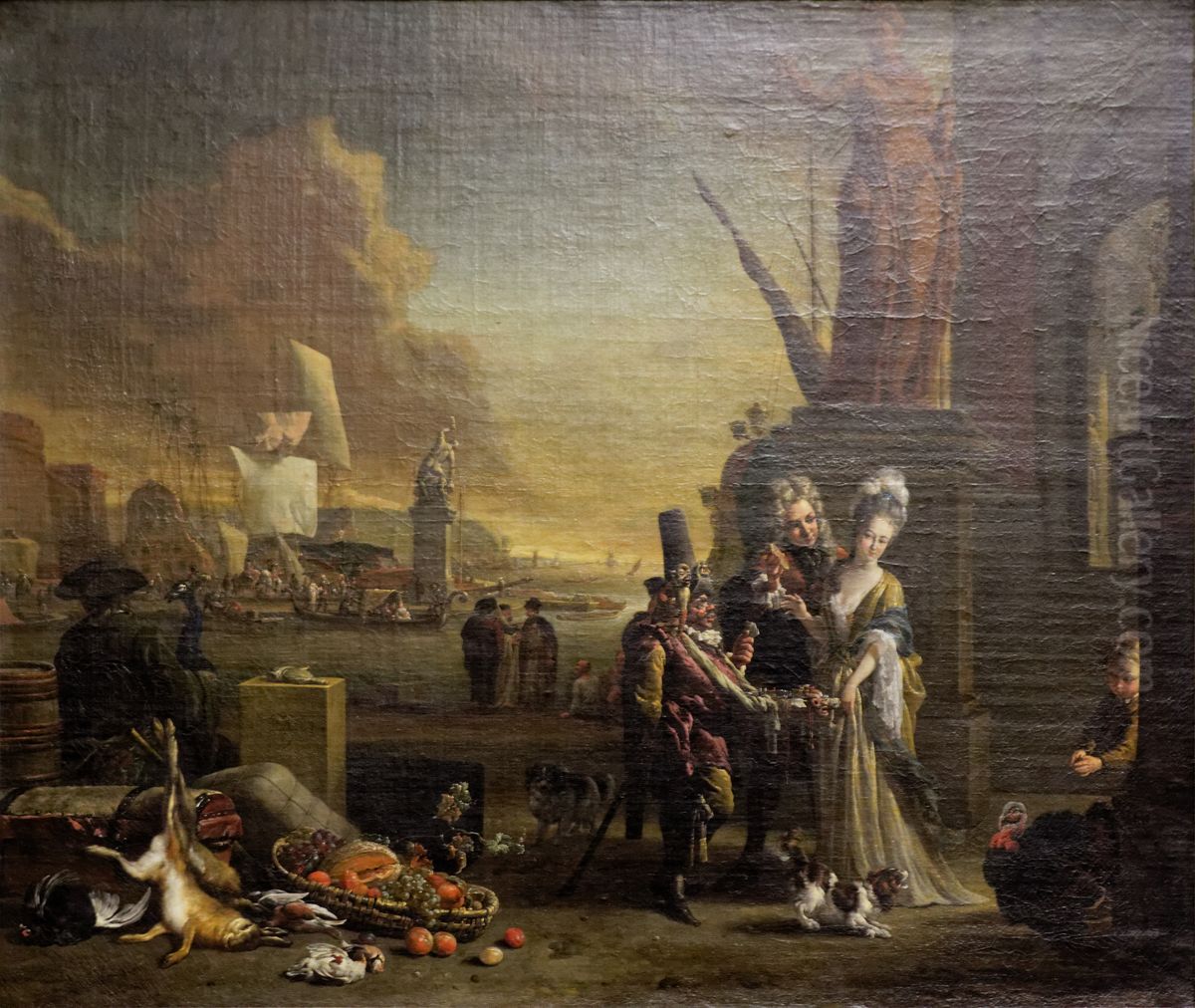 Southern Seaport with seller of trinkets Oil Painting by Jan Weenix