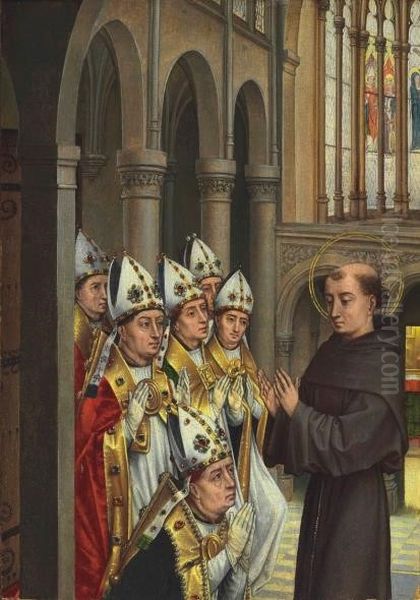 Saint Anthony and Six Bishops (detail) Oil Painting by Rogier van der Weyden Saint Anthony and Six Bishops (detail) Oil Painting by Rogier van der Weyden