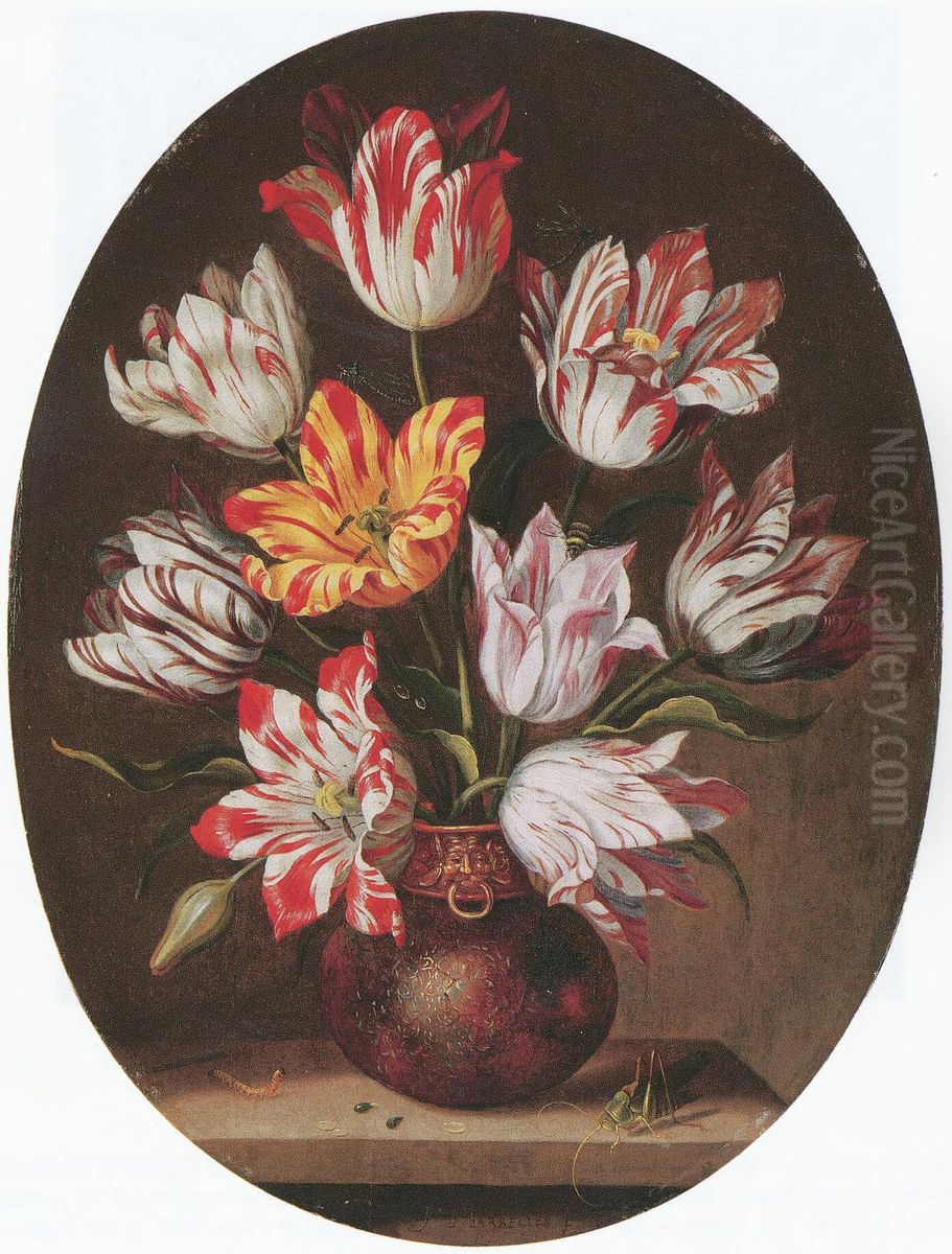 Tulips in a vase with a caterpillar and a grasshopper on a stone ledge Oil Painting by Jacob Marrel