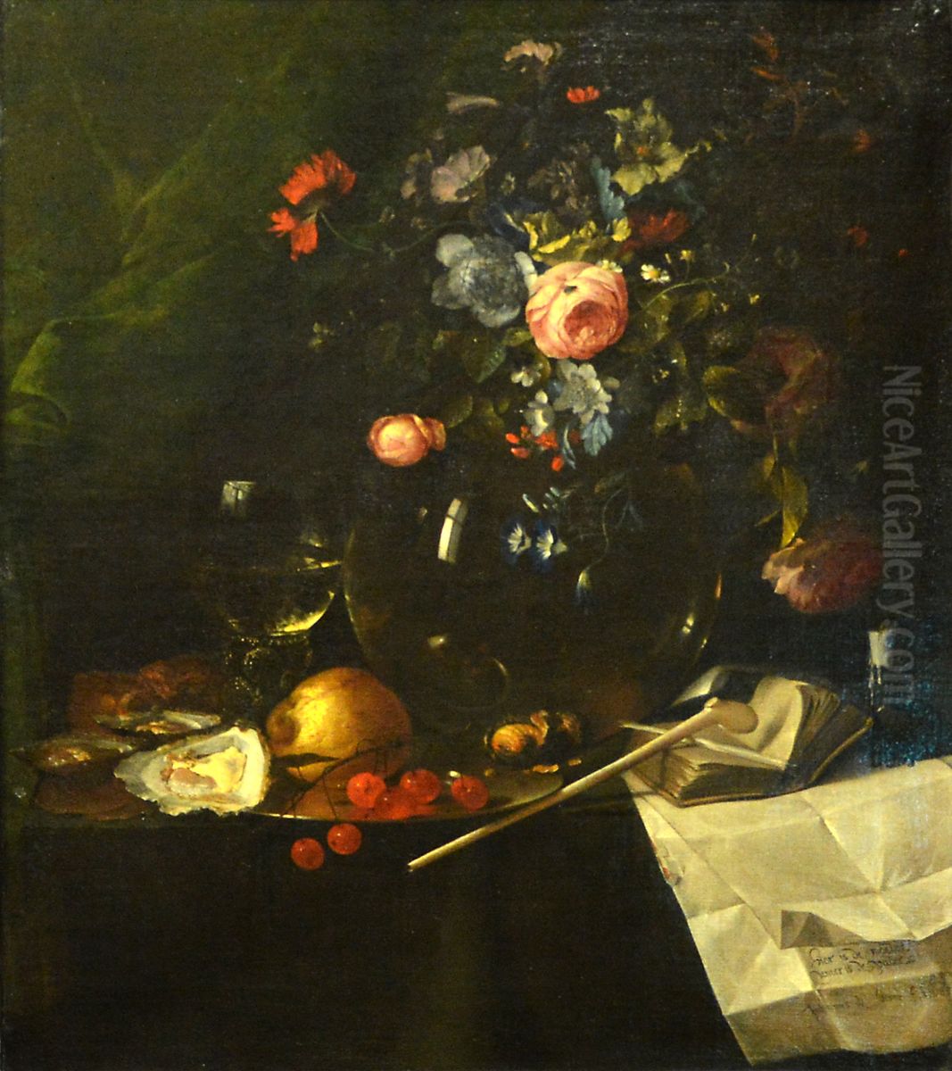Vanitas with Bouquet of Flowers and Pipe Oil Painting by Jan Jansz. de Heem