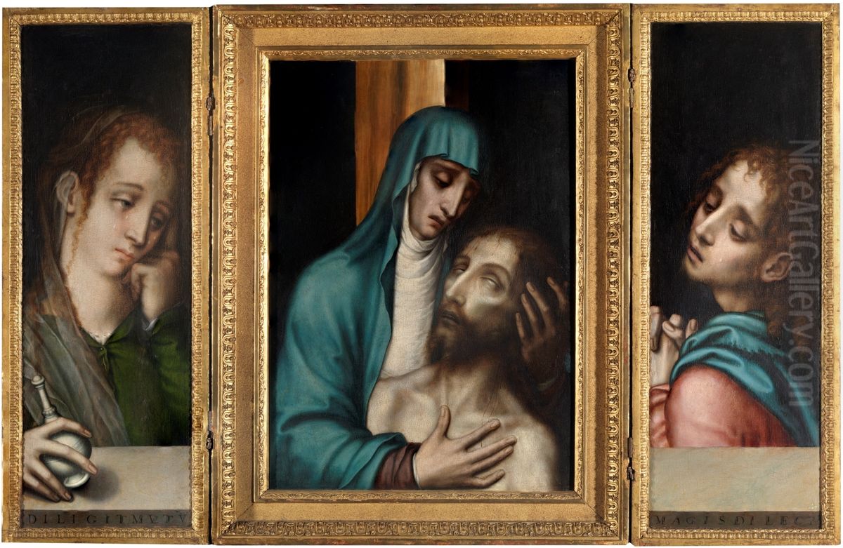 Triptych of the Pieta, St John and St Mary Magdalene Oil Painting by Luis de Morales