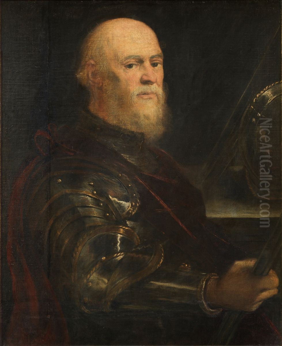 Portrait of a man in armour holding a baton, probably Jan Amor Tarnowski Oil Painting by Jacopo Tintoretto