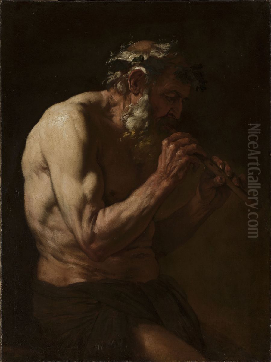 Faun playing the pipe Oil Painting by Johann Carl Loth