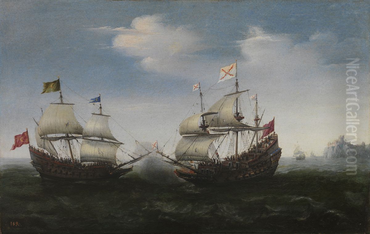 Naval Battle off a Rocky Coast Oil Painting by Hendrick Cornelisz Vroom