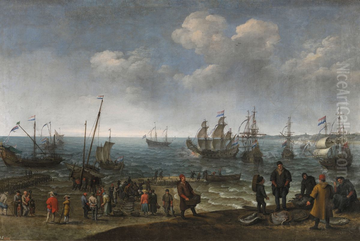 Beach with fishers Oil Painting by Adam Willaerts