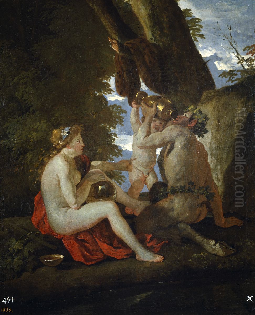Scene bachiqueouNymphe et satyre buvant Oil Painting by Nicolas Poussin