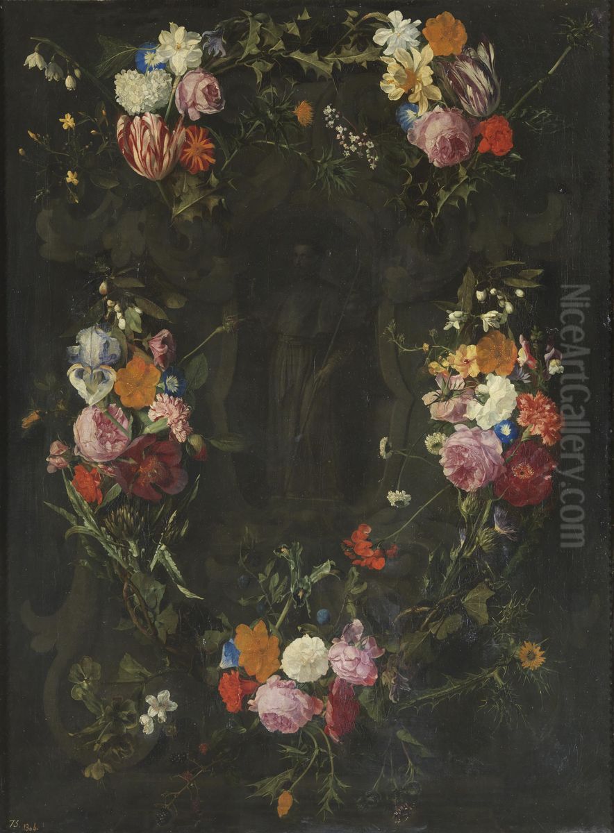 Sculpted cartouche adorned with flowers with a representation of Saint Francis-Xavier Oil Painting by Daniel Seghers