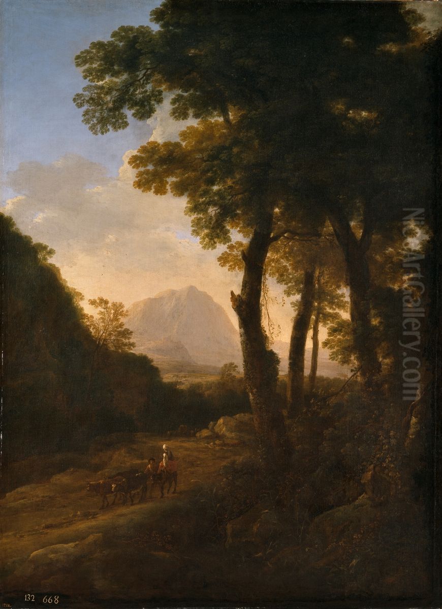 Landscape with donkeyrider and cows Oil Painting by Jan Both