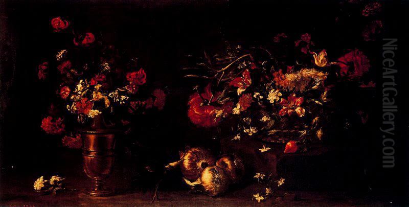 Vases and onions Oil Painting by Mario Nuzzi Mario Dei Fiori