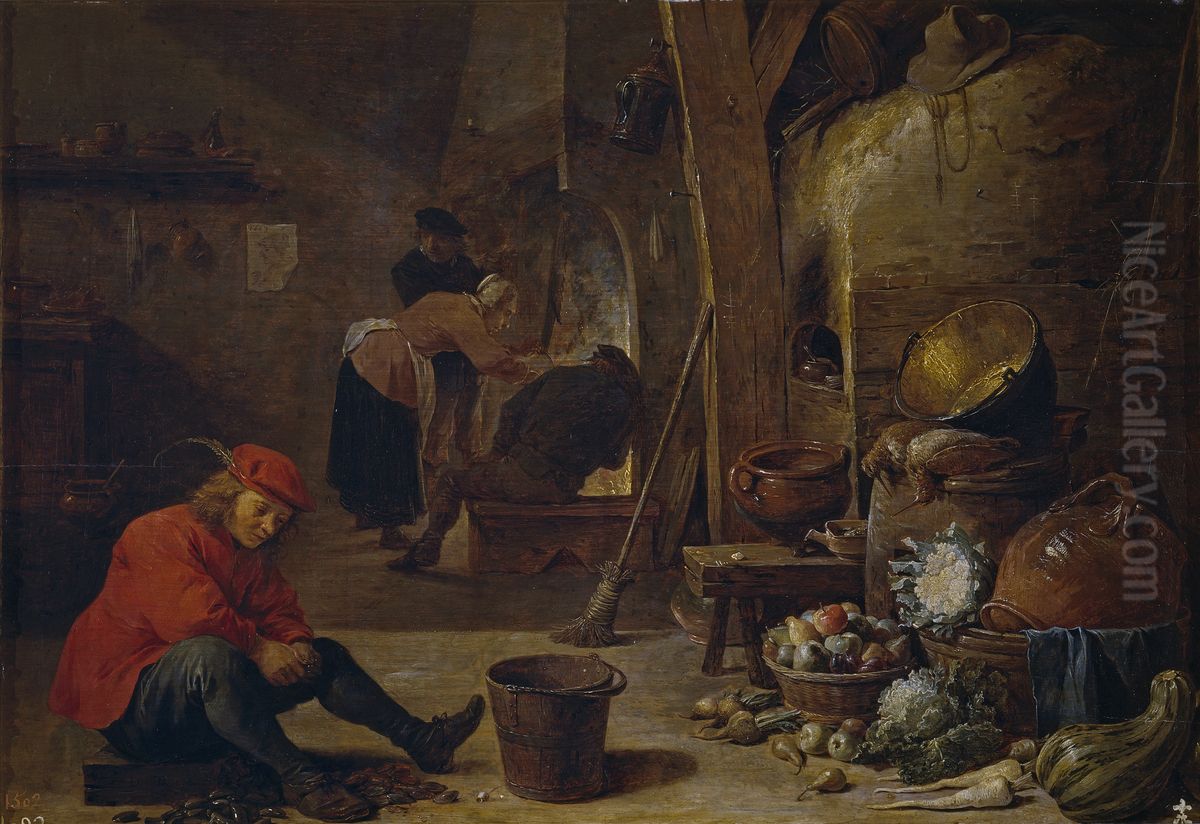 Keukeninterieur met een jonge man die mosselen opent Oil Painting by David Teniers the Younger
