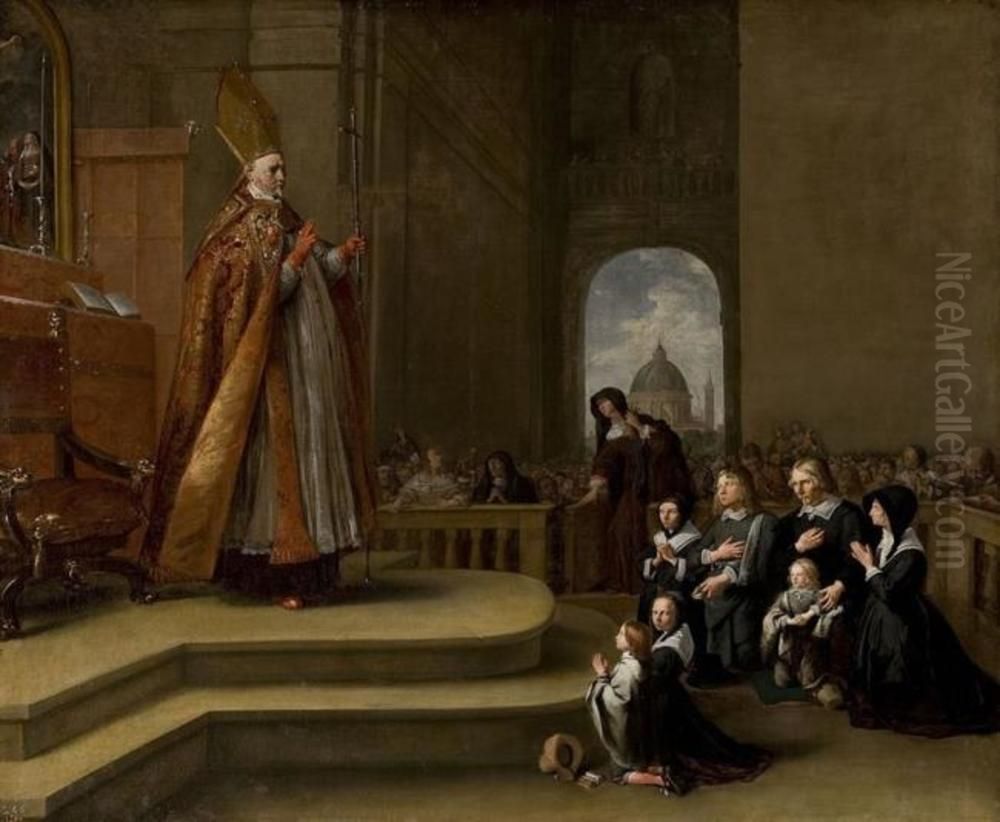 Church interior with Philippus Rovenius (1574-1651) blessing a family, possibly Jacob van Wassenaer (1592-1658) and his family Oil Painting by Bartholomeus Breenbergh