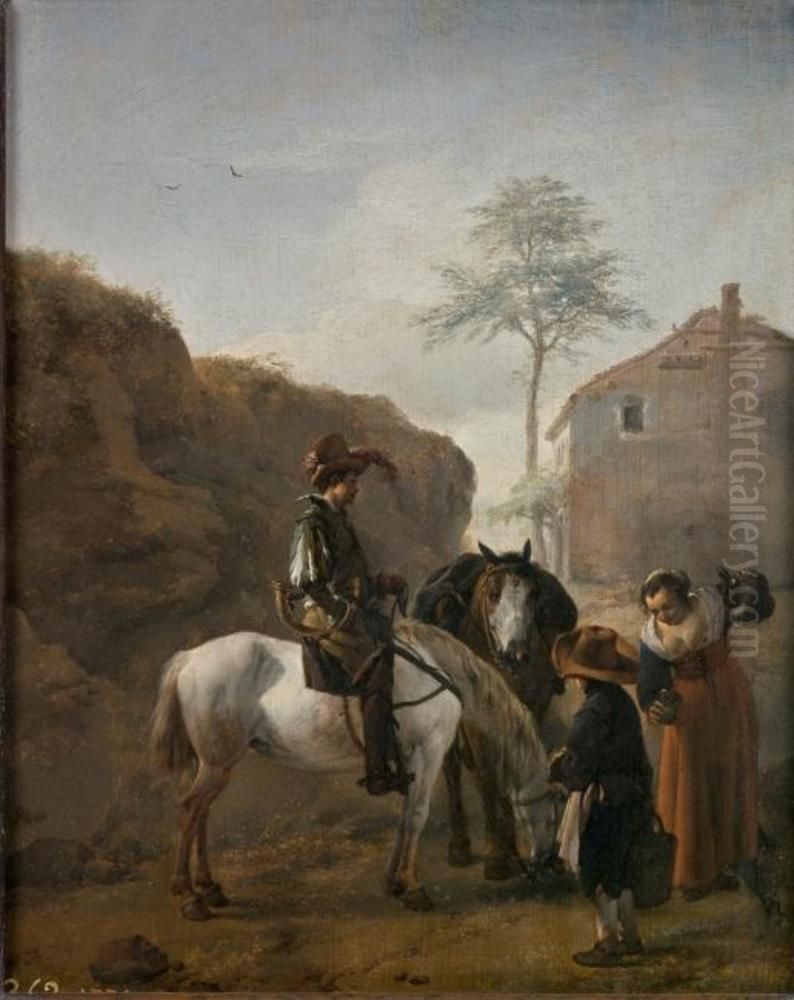 Landscape with horseman and packhorse, a woman pouring liquor and a boy with a bucket, and a house in the background Oil Painting by Philips Wouwerman