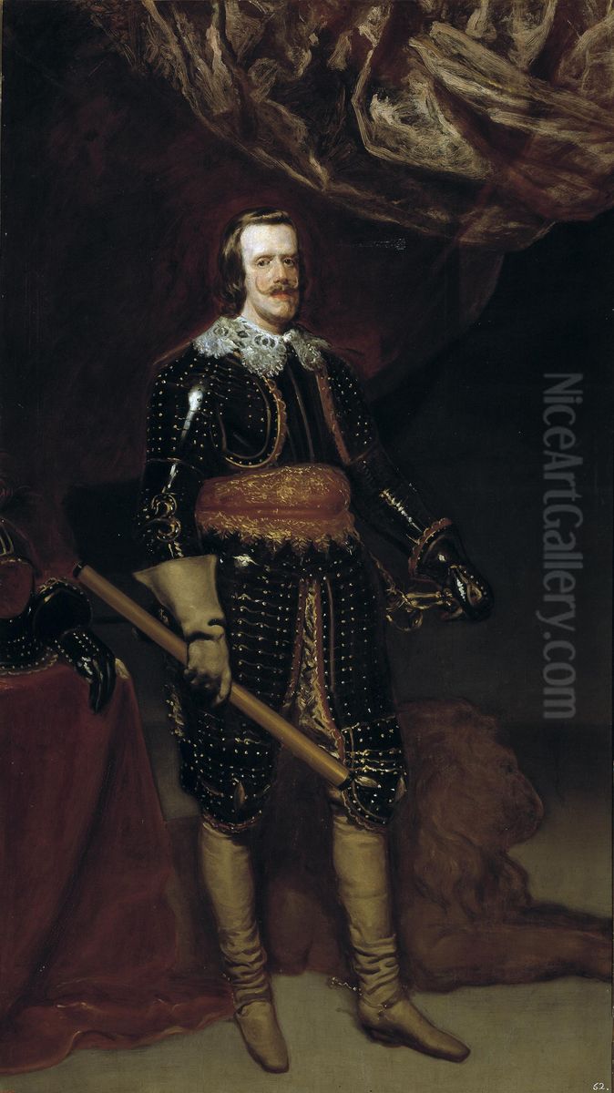 Philip IV in Armour, with a Lion at his Feet Oil Painting by Diego Velazquezand workshop