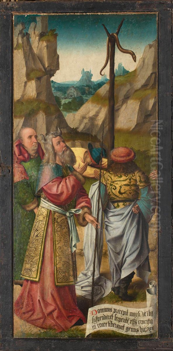 Poliptyk Ukrzyzowania z Pruszcza - prawe skrzydlo dolne - awers: Zeslanie Ducha Swietego; rewers: Mojzesz z wezem miedzianym Oil Painting by Colijn de Coter