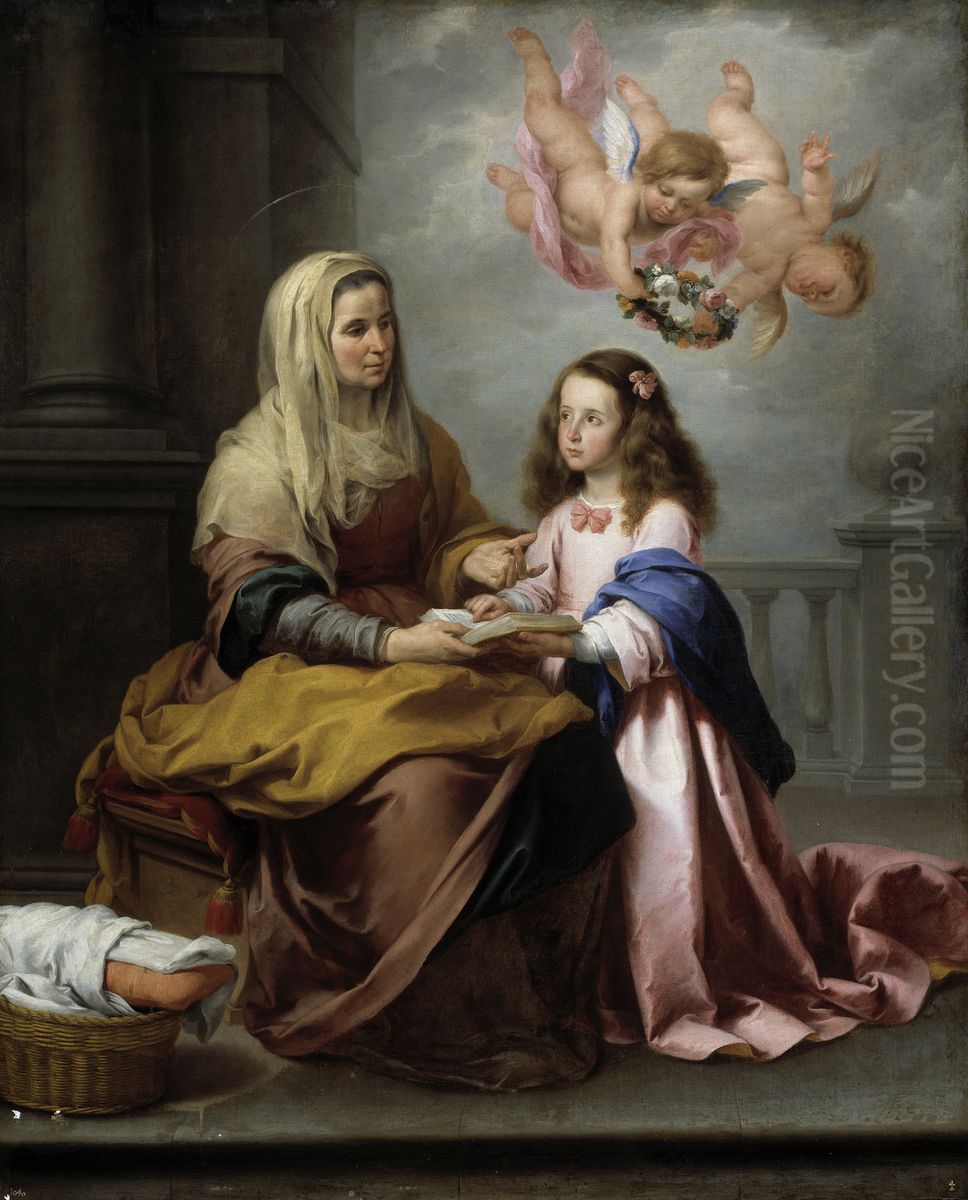Santa Ana ensenando a leer a la Virgen Oil Painting by Bartolome Esteban Murillo