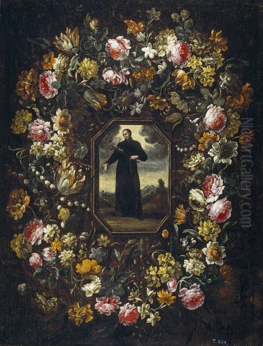 Garland of Flowers with Saint Camillus de Lellis Oil Painting by Bartolome Perez