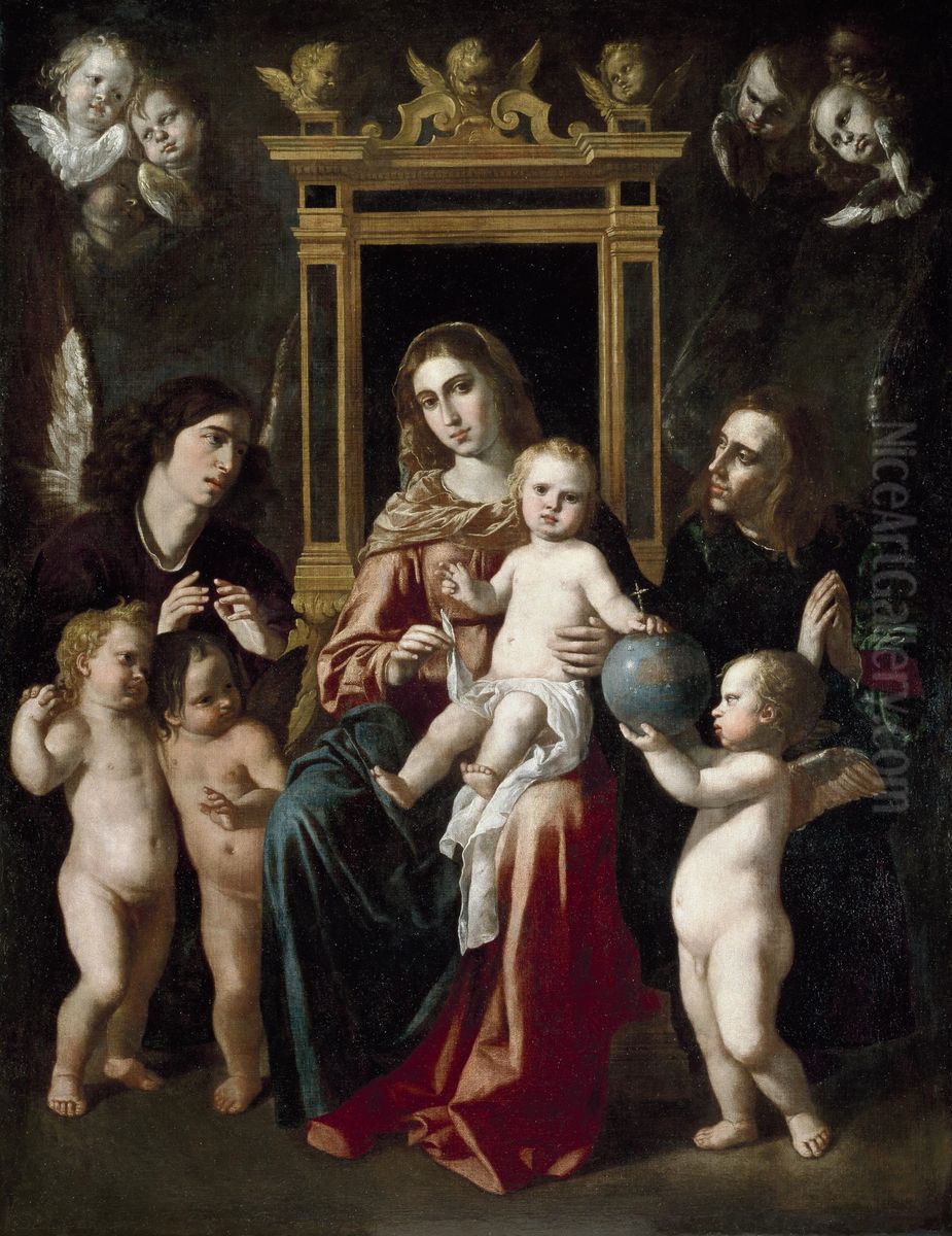 The Virgin and Child on a Throne of Angels Oil Painting by Jeronimo Jacinto De Espinosa