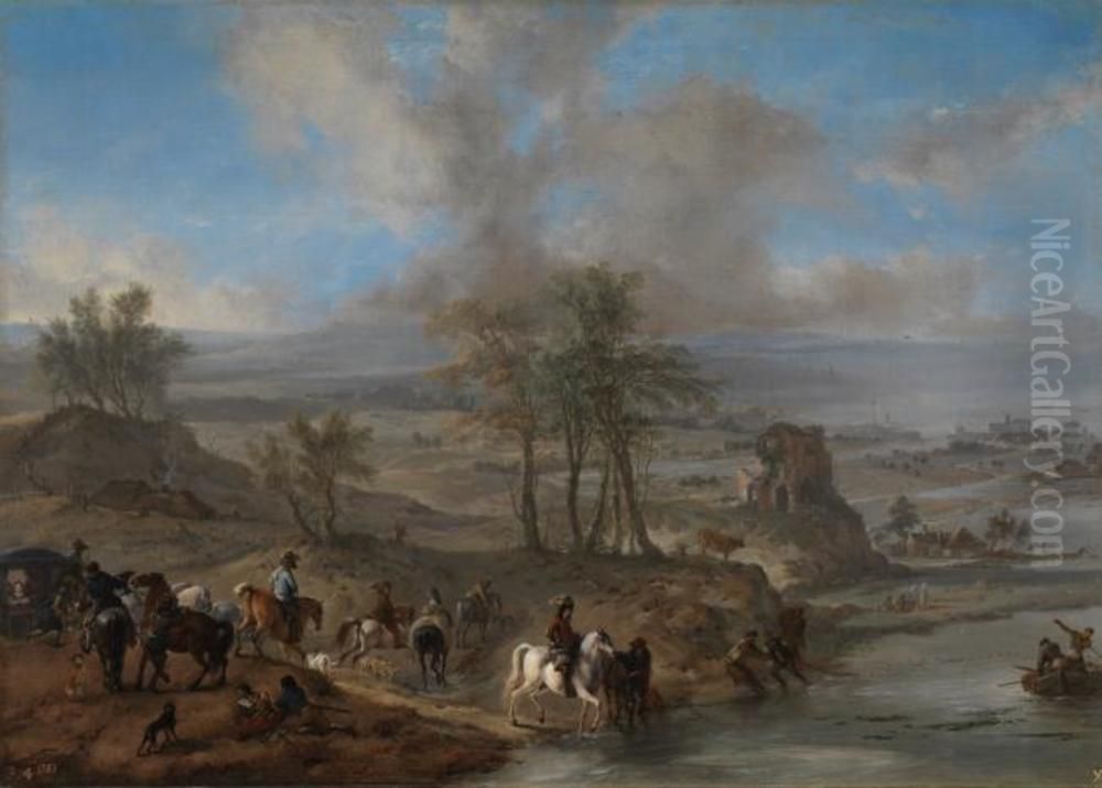 Hunting party and fishermen Oil Painting by Philips Wouwerman