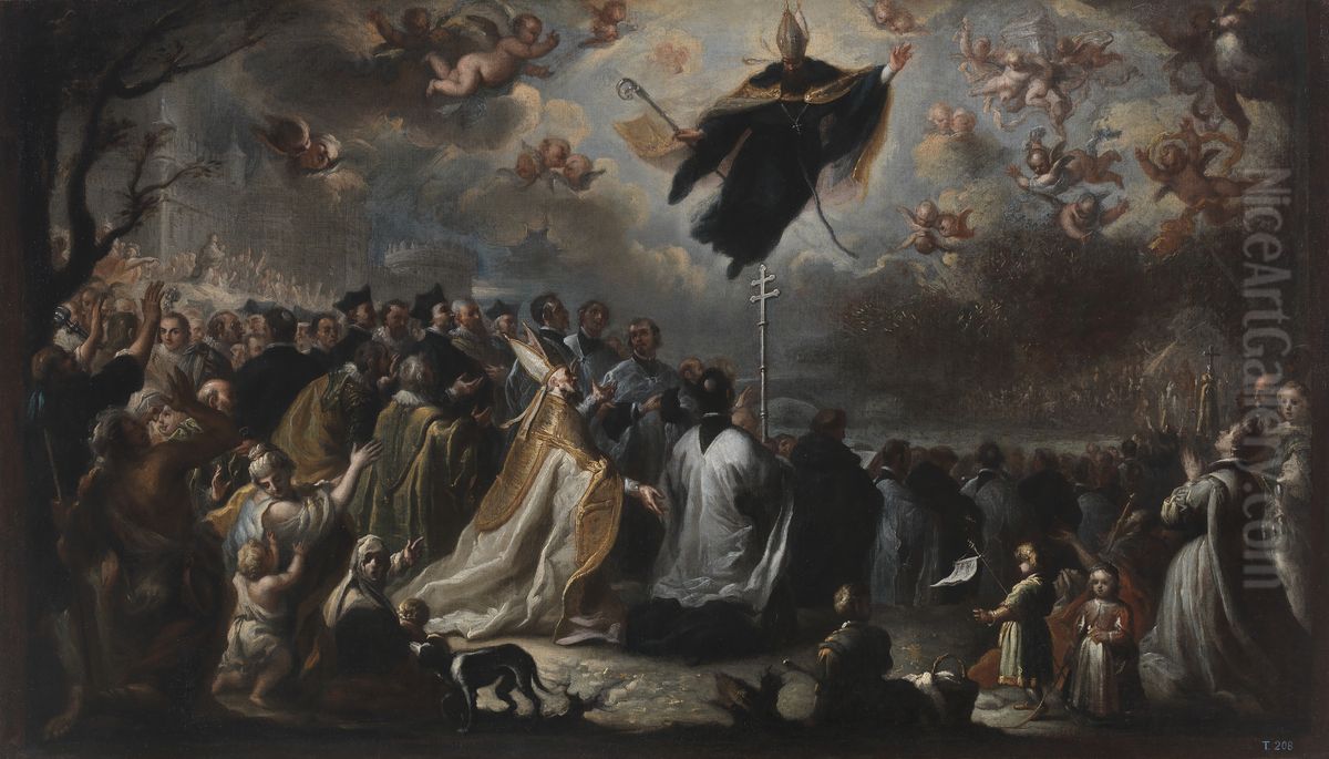 San Agustin conjurando una plaga de langosta Oil Painting by Miguel Jacinto Melendez