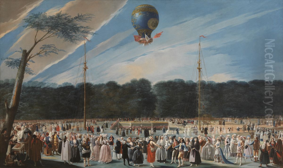 Ascent of the Monsieur Boucle's Montgolfier Balloon in the Gardens of Aranjuez Oil Painting by Antonio Carnicero Y Mancio