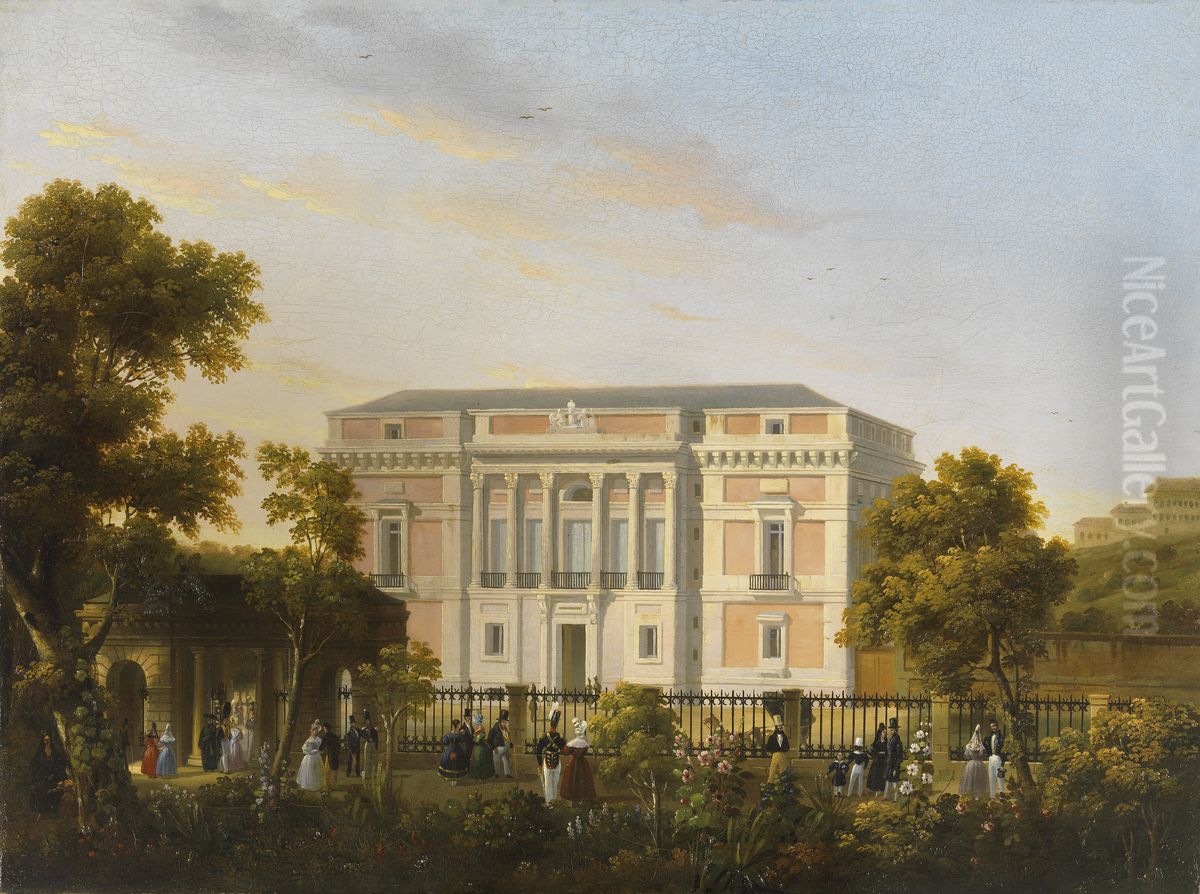 View of the south Facade of the Museo del Prado from inside the Botanical Gardens Oil Painting by Jose Maria Avrial Y Flores