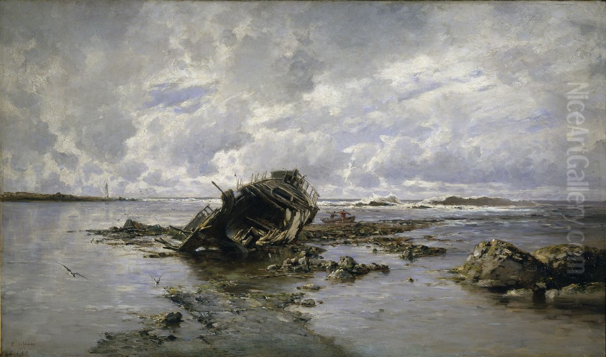 A Wrecked Boat Oil Painting by Carlos de Haes