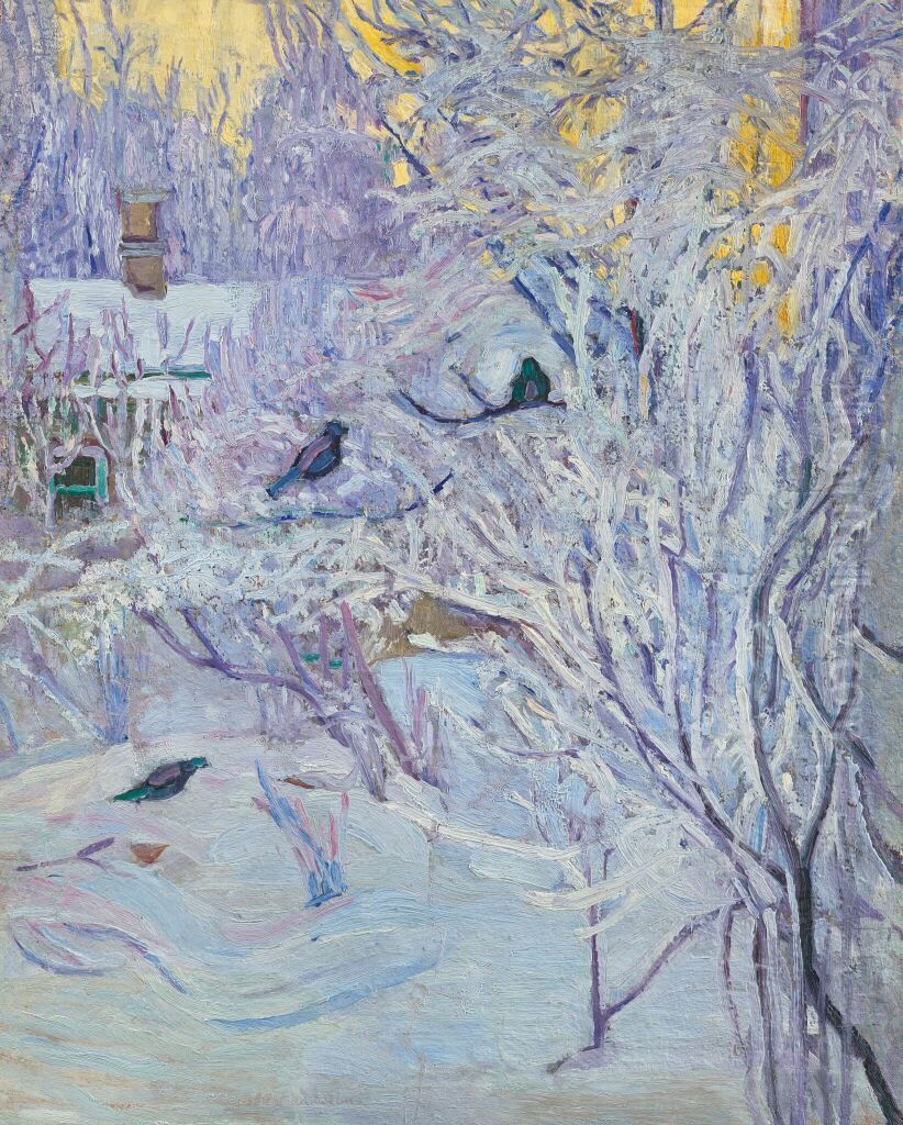 Corner of the House and Bullfinches on the Tree. Winter Oil Painting by Olga Rozanova