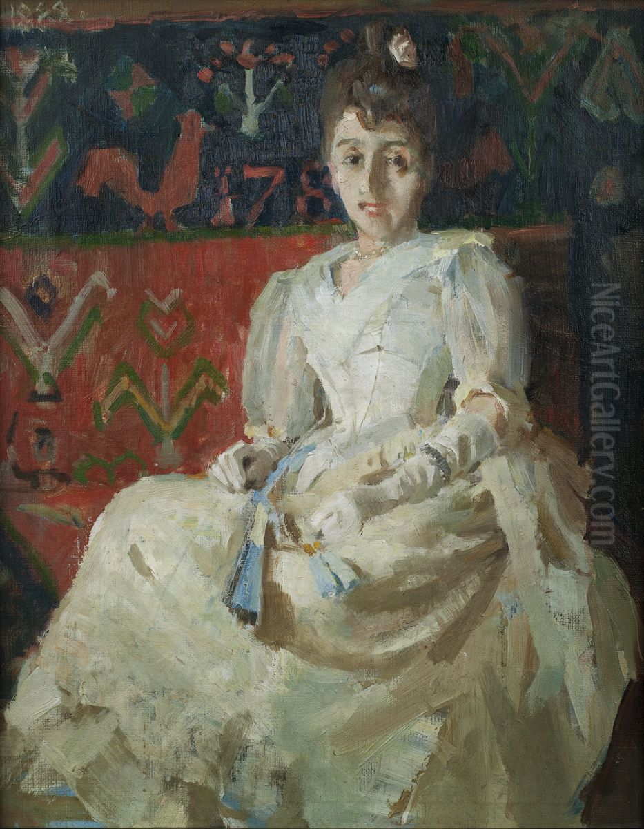 Nainen kukkoryijylla Oil Painting by Akseli Valdemar Gallen-Kallela