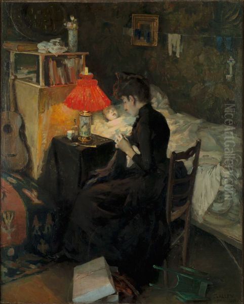 Aiti sairaan lapsensa vuoteen aaressa Oil Painting by Akseli Valdemar Gallen-Kallela