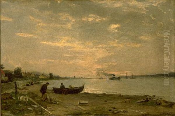 River landscape with ships Oil Painting by Petrus van der Velden