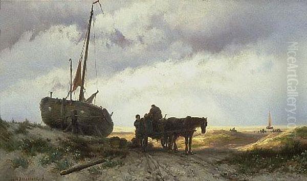 Fishermen Oil Painting by Johannes Hermanus Barend Koekkoek