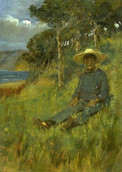 Boy sitting in a pasture Oil Painting by James Nairn