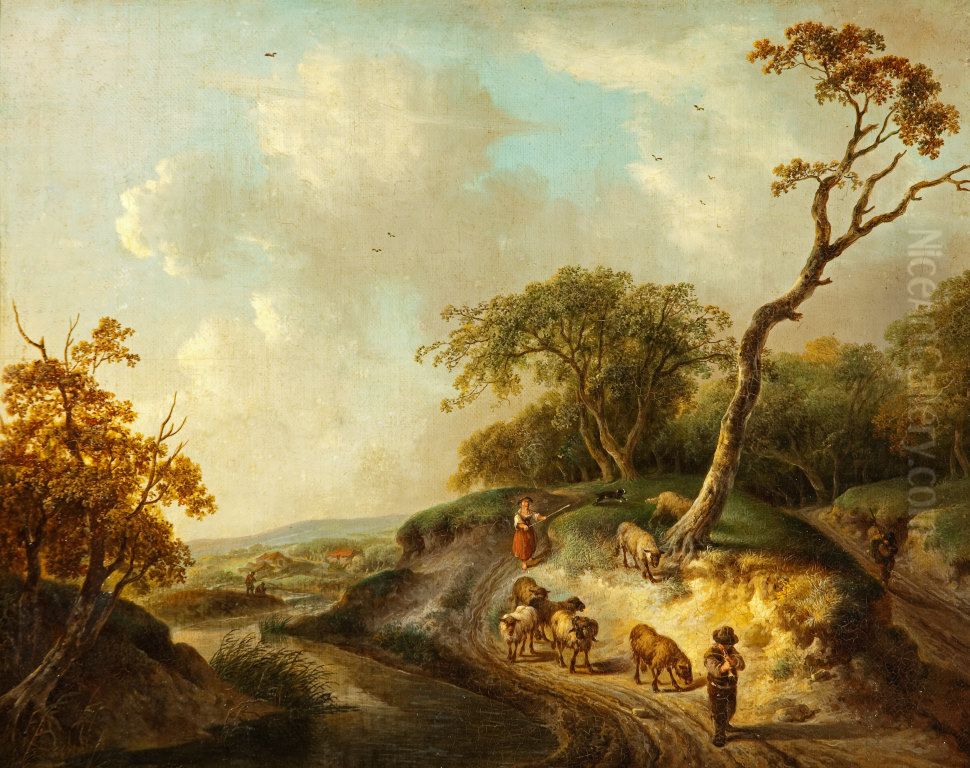A Rustic Scene with Sheep and Shepherds Oil Painting by Julius Caesar Ibbetson
