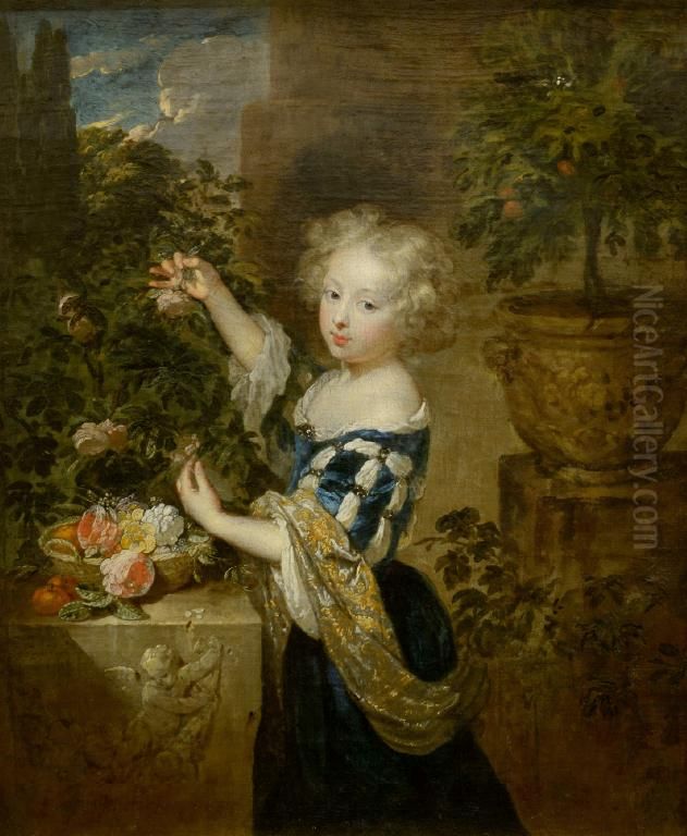 Girl arranging flowers Oil Painting by Caspar Netscher
