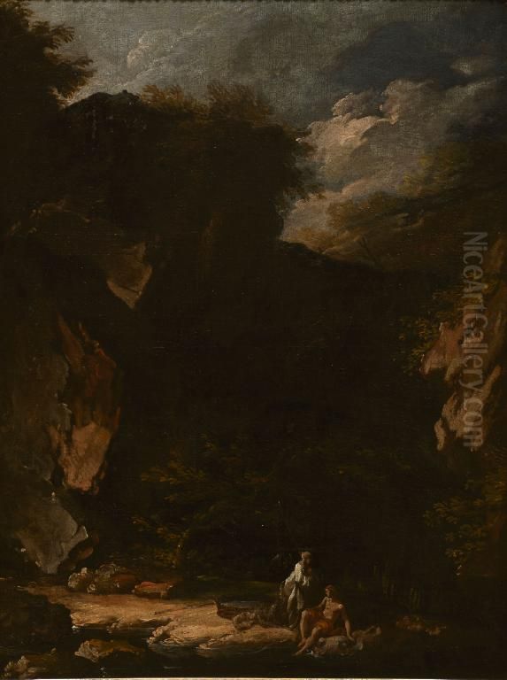 A rocky landscape with figures Oil Painting by Marco Ricci