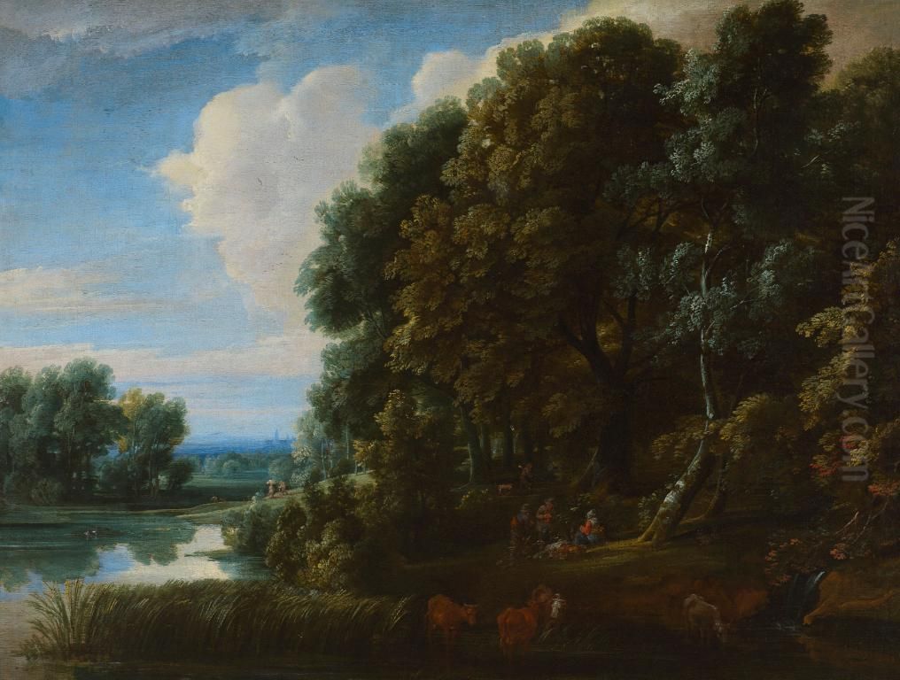 Woodland with Lake and Figures Oil Painting by Jacques d'Arthois
