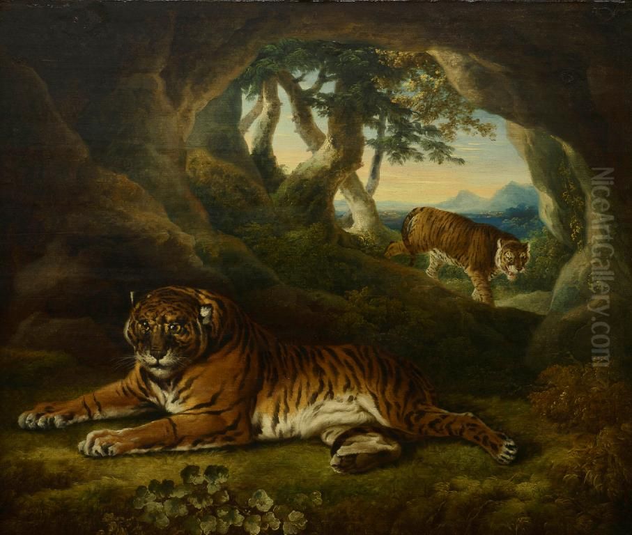 Two tigers in a rocky landscape Oil Painting by Sawrey Gilpin