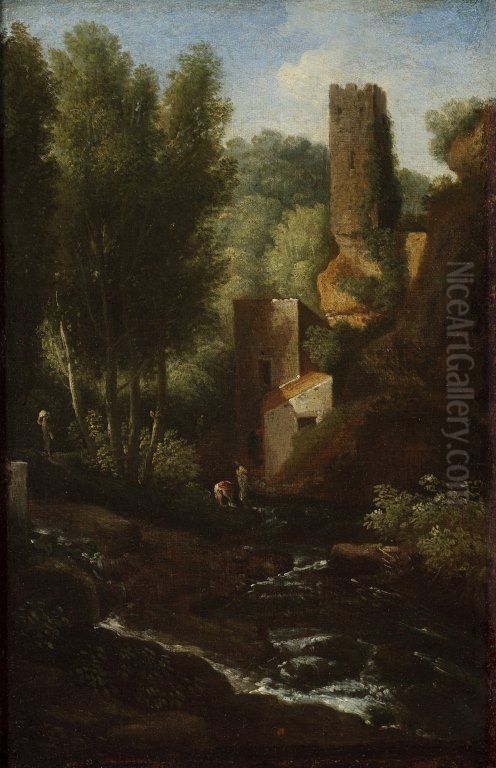 A classical landscape with cascade Oil Painting by Gaspard Dughet