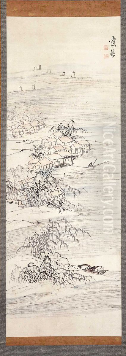 River Village and Fishing Pleasure Oil Painting by Ike no Taiga