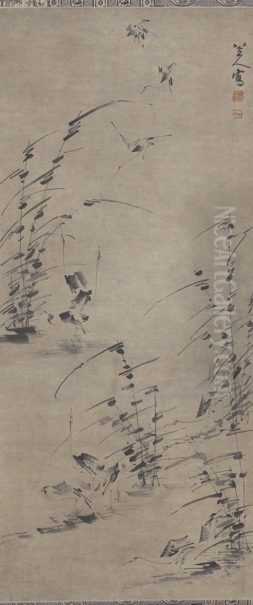 twelve egrets in marsh grasses Oil Painting by Bada Shanren