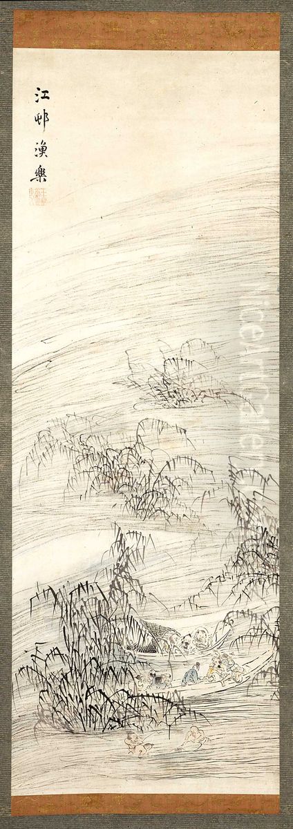 River Village and Fishing Pleasure Oil Painting by Ike no Taiga