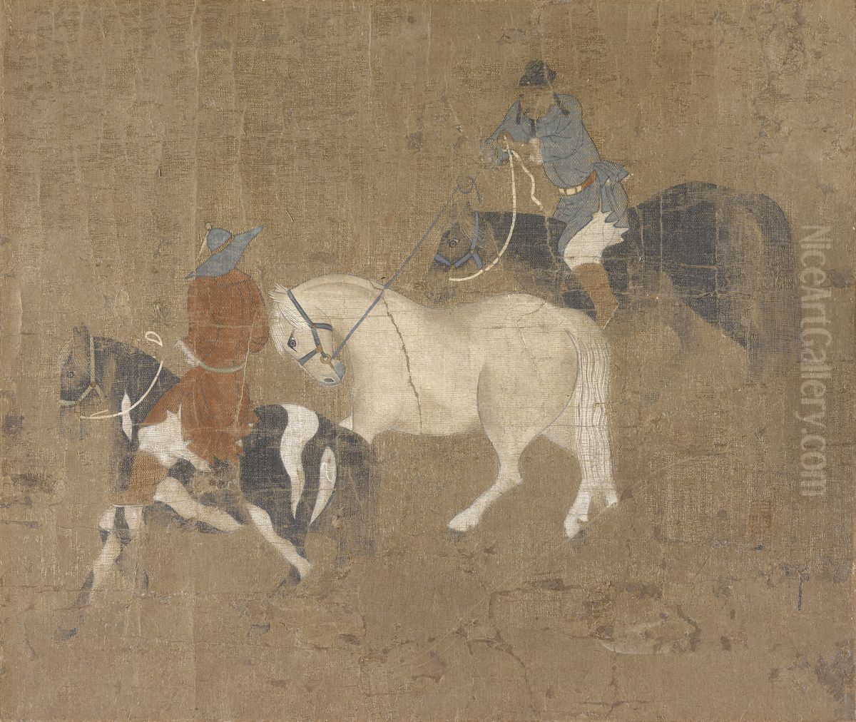 Riders Leading a White Horse Oil Painting by Zhao Mengfu
