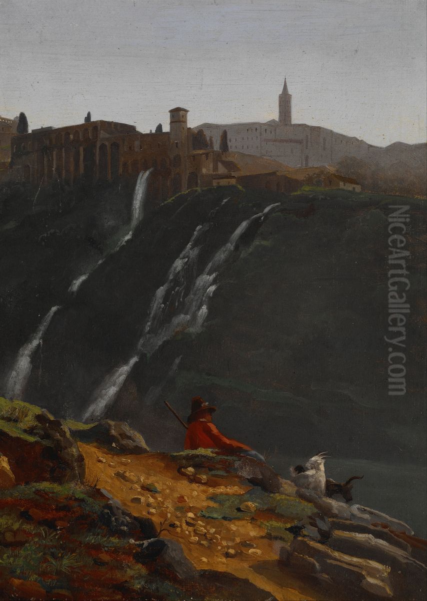 Goatherd Opposite the Falls of Tivoli Oil Painting by Achille Etna Michallon