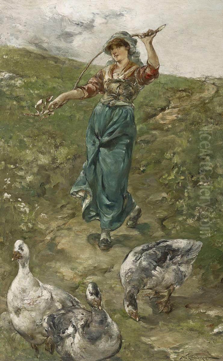 The Goose Herd Oil Painting by Walter Shirlaw