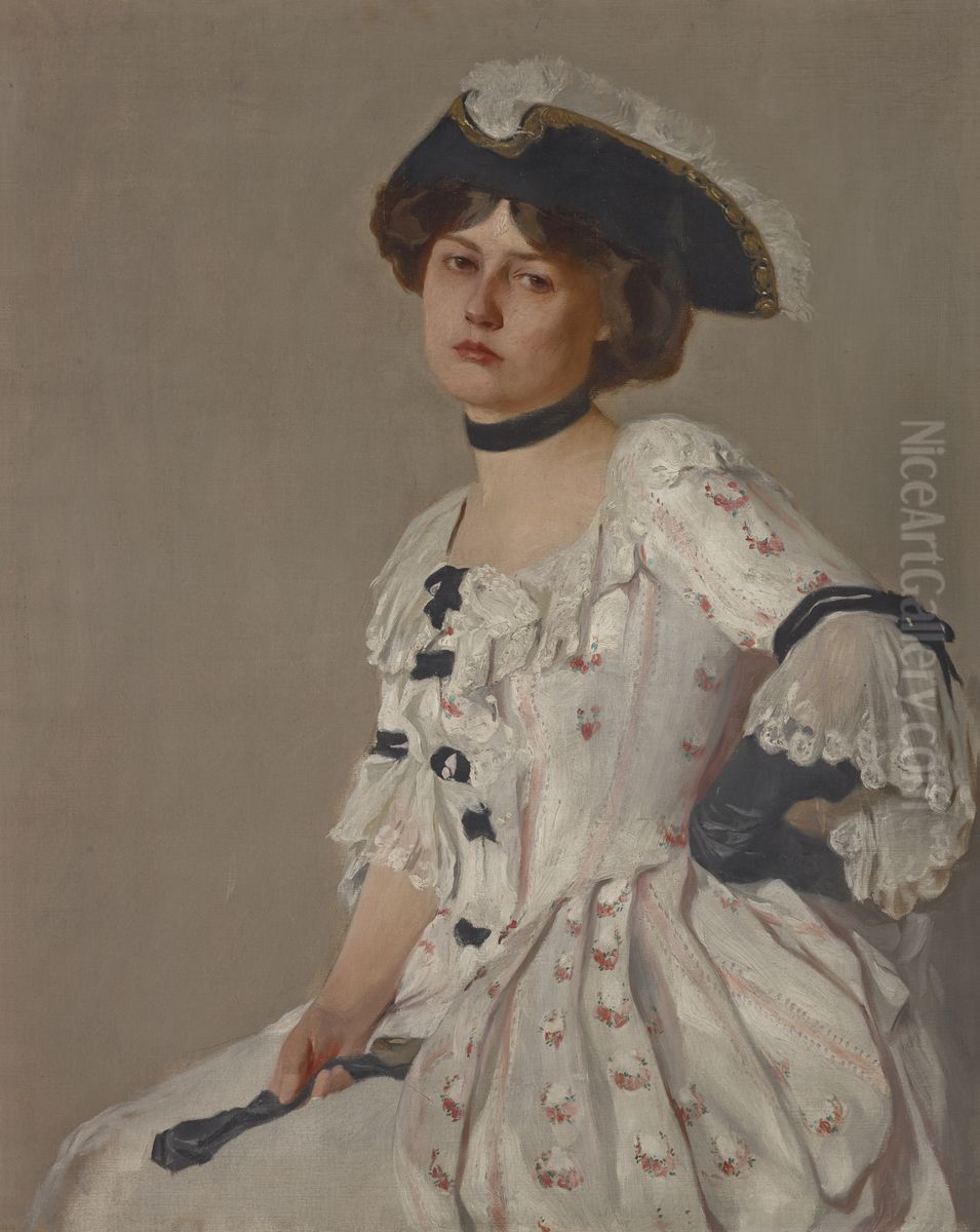 Girl in White with Hat Oil Painting by Samuel Isham