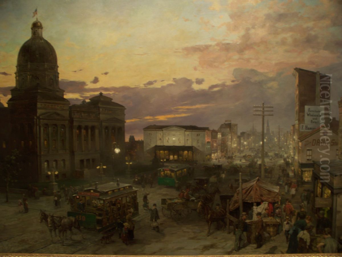Washington Street, Indianapolis at Dusk Oil Painting by Theodor Groll