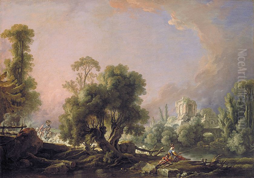 Idyllic Landscape with Woman Fishing Oil Painting by Francois Boucher
