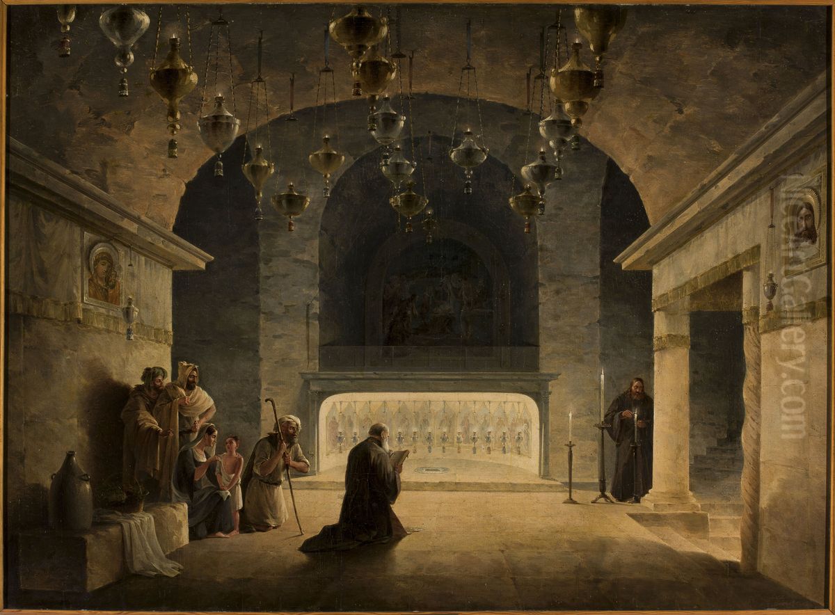 Interior of the Church of the Nativity in Bethlehem. Oil Painting by Maxim Vorobiev